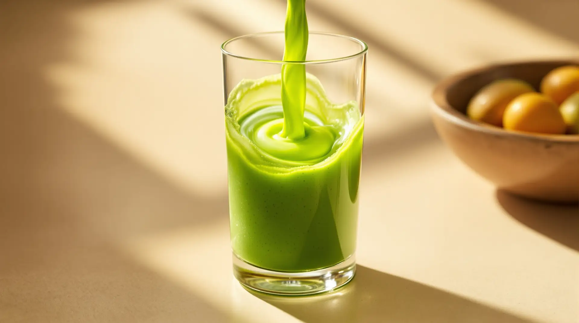 Vibrant green wellness drink pouring into a glass