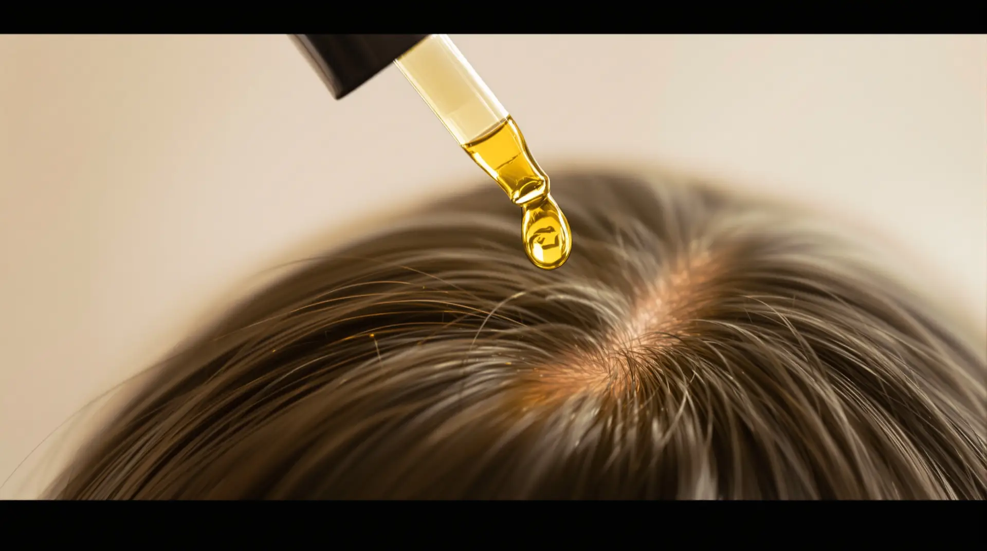 Golden serum drop applied to healthy scalp