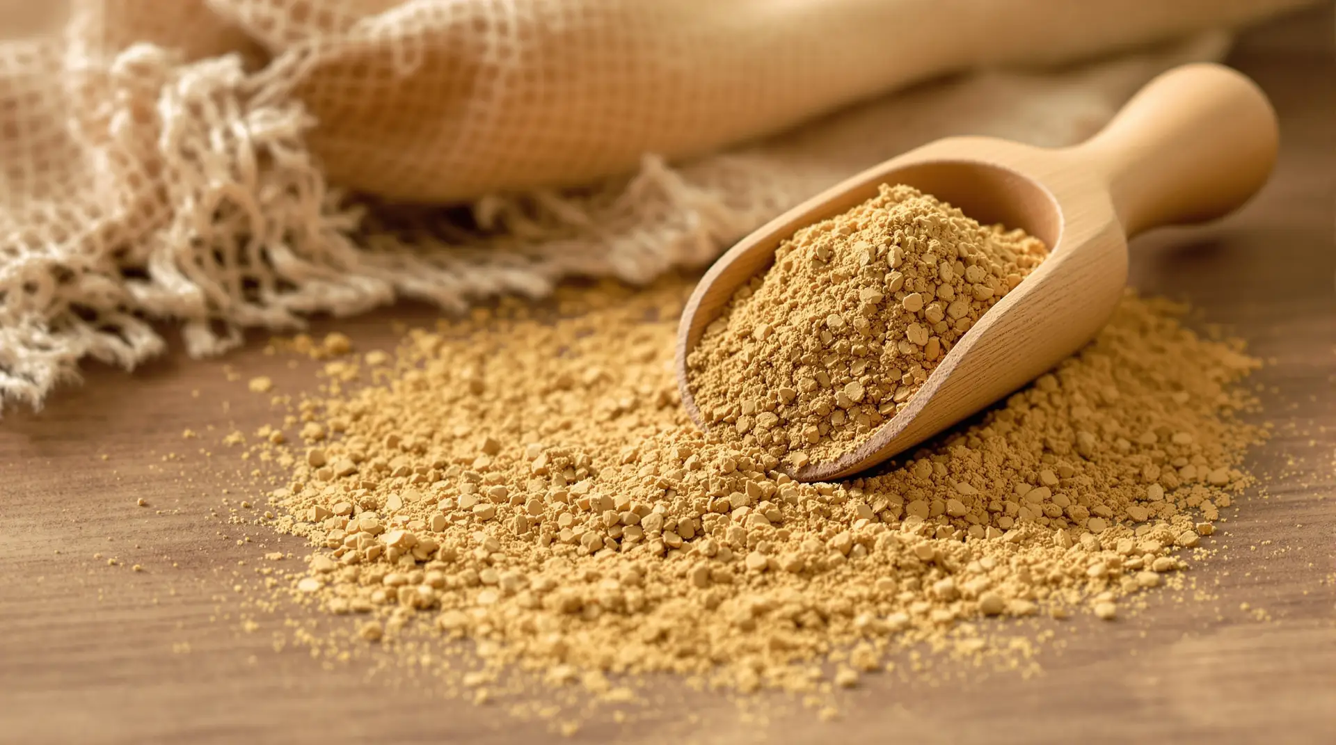 Finely milled Fo‑Ti powdered root in a wooden scoop