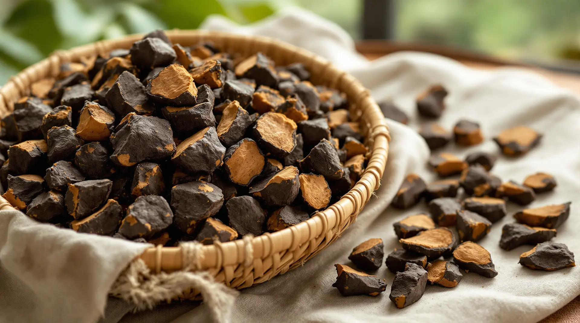 Raw Fo‑Ti whole root pieces in basket