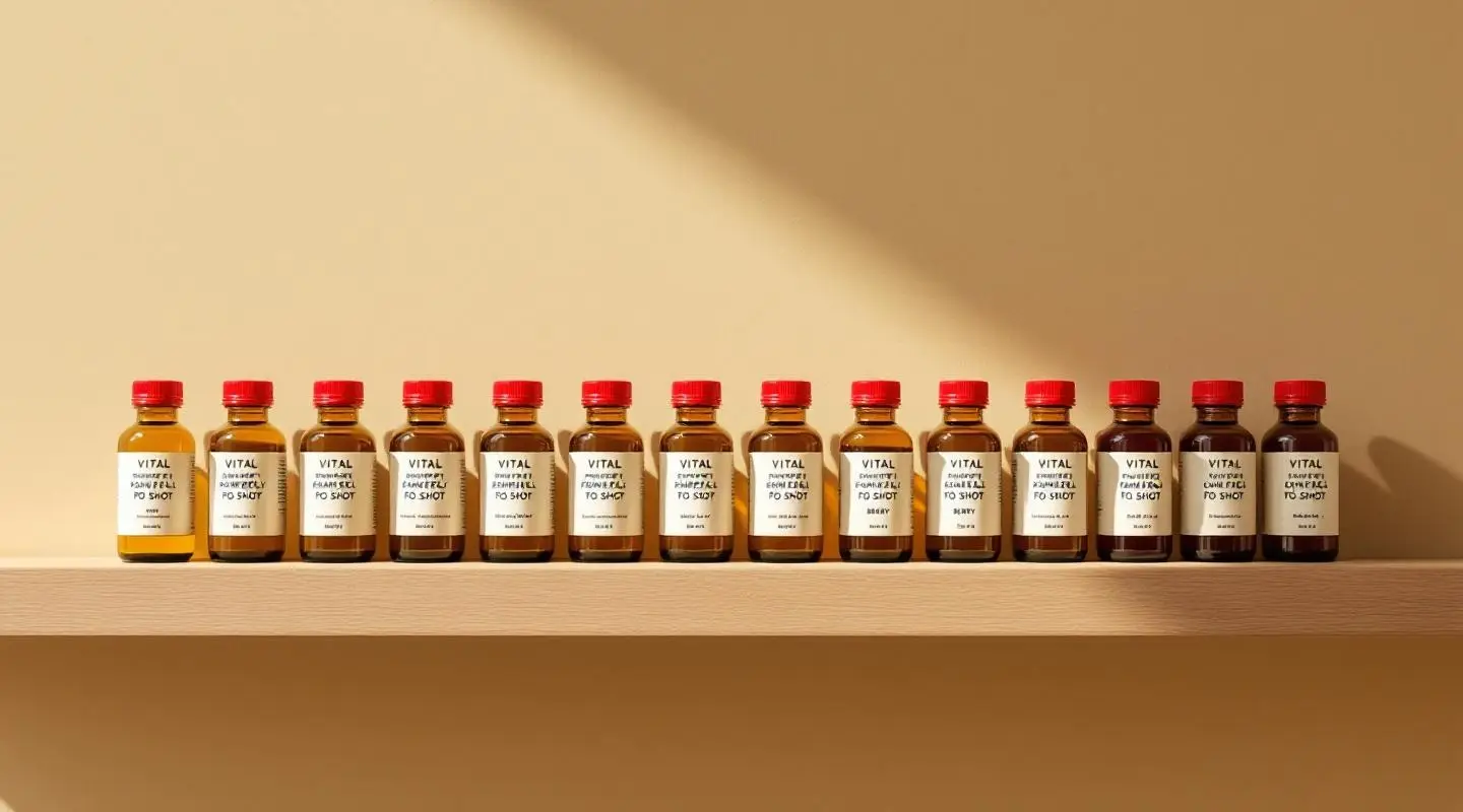 Row of Vital Roots energy tonic shot bottles on a wooden shelf