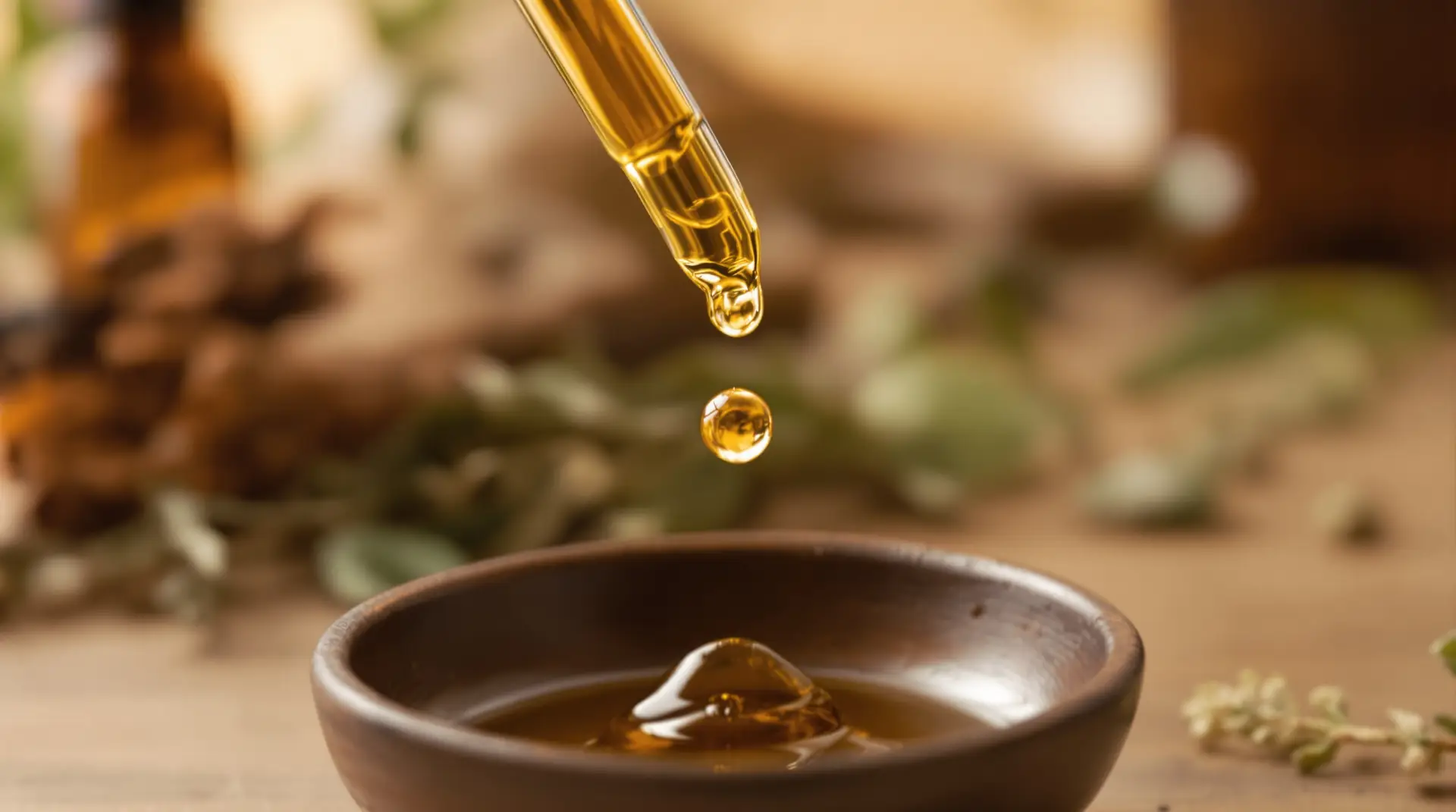 Amber dropper releasing tincture into a small dish